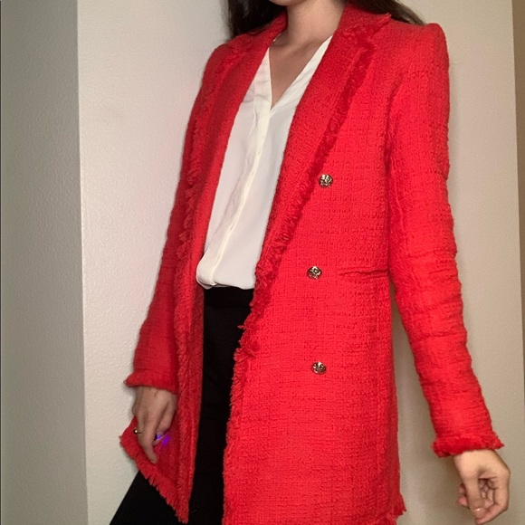 Carolina Belle Red Tweed Boucle fringe Jacket S - Picture 3 of 8